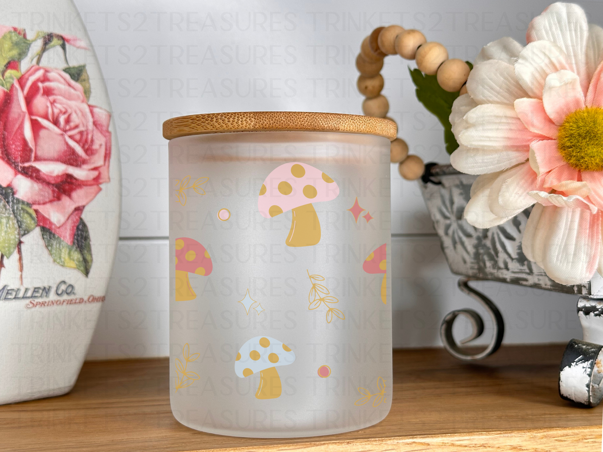 10 oz Frosted Candle Jars with Bamboo Lid/Multi-Purpose Jar/Mushrooms/#505