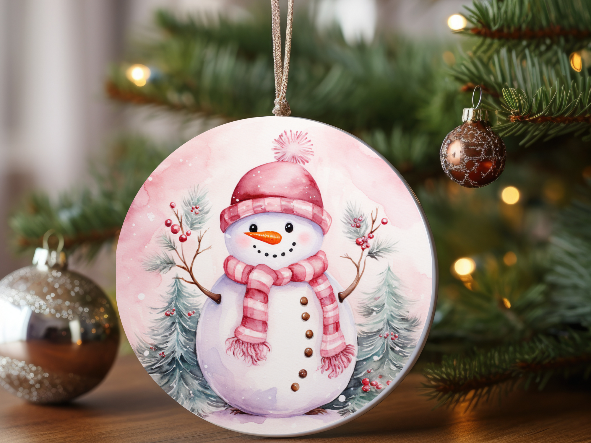 3" Ceramic Ornament Pink Snowman #400