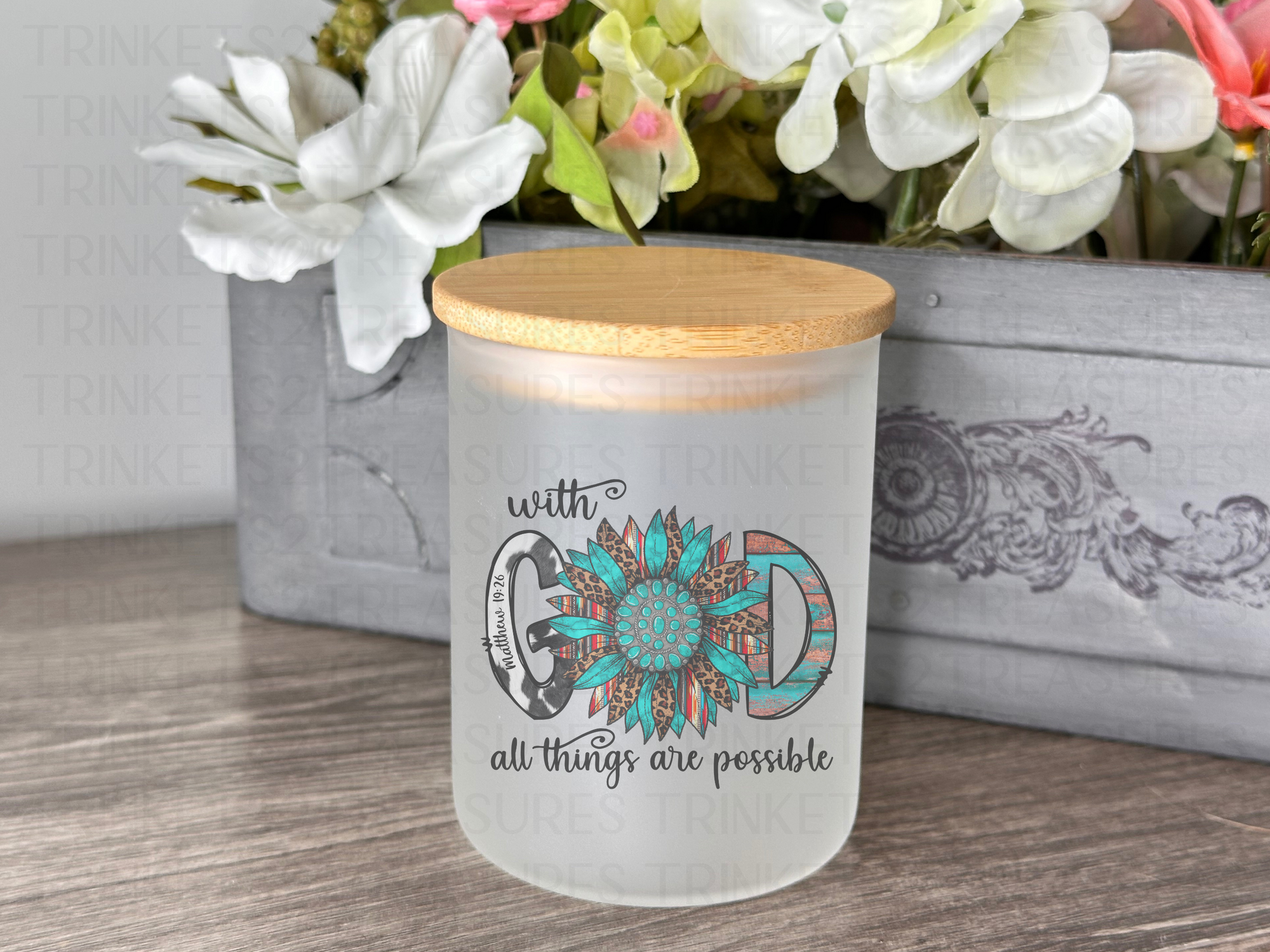 10 oz Frosted Candle Jars with Bamboo Lid/Multi-Purpose Jar/With God All Things are Possible/#502