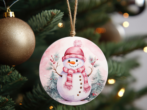 3" Ceramic Ornament Pink Snowman #400