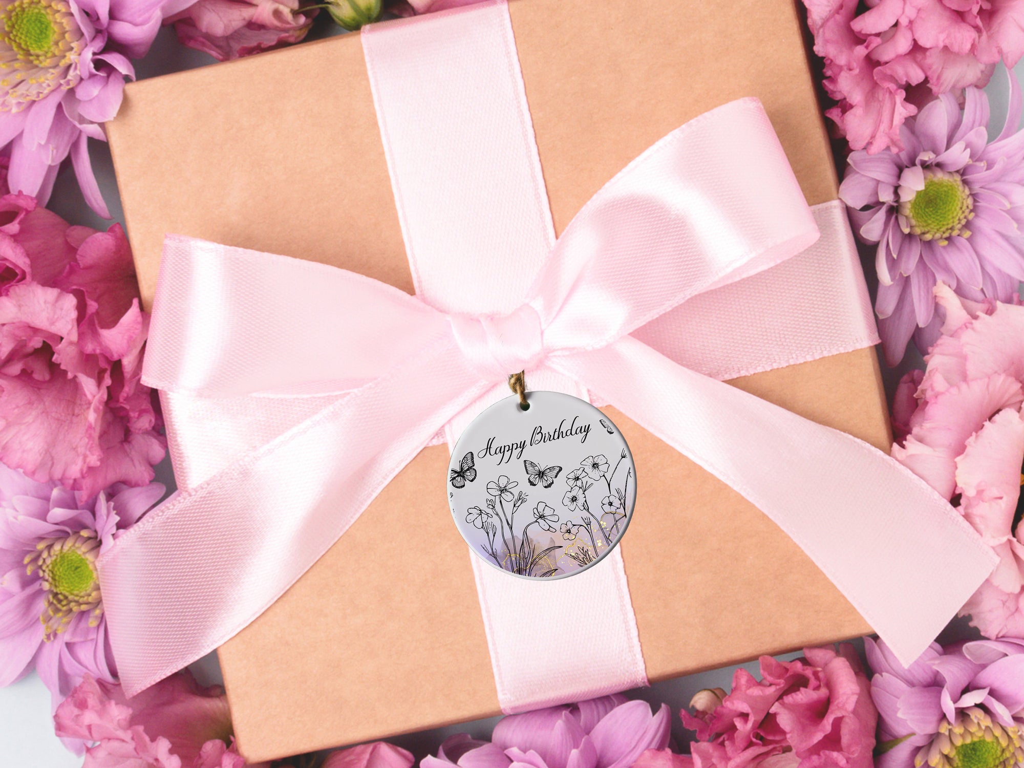 3" Ceramic Gift Tag/Gift Accessory/Happy Birthday/Butterflies/Keepsake/#423