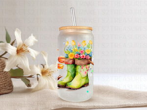 18oz Glass Can Tulips & Boots #219