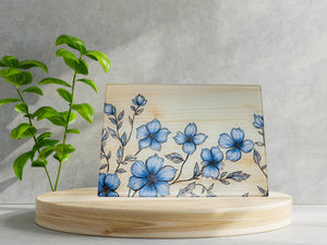Personalized 8" x 11" Textured & Tempered Glass Cutting Board/Wood and Blue Flowers Design/Space Saving Kitchen Accessory/#500