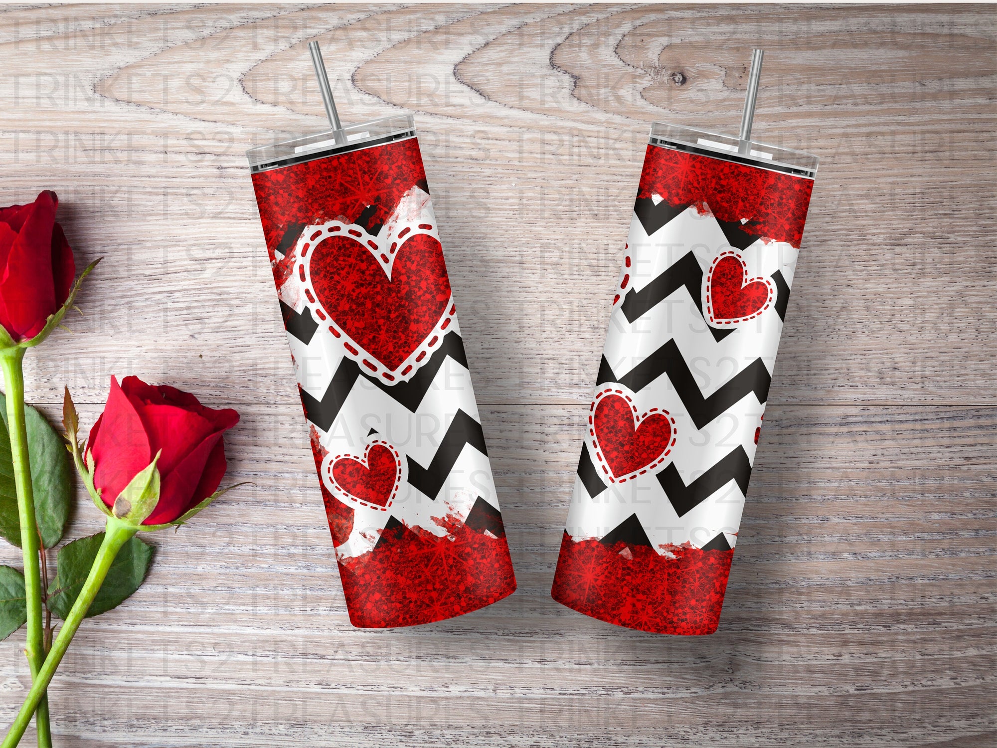 Personalized 20 oz Stainless Steel Tumbler/Includes Metal Straw/Zigzag & Hearts Design/#306