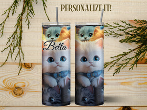 Personalized 20 oz Stainless Steel Tumbler/Includes Metal Straw/3D Cats Design/#310