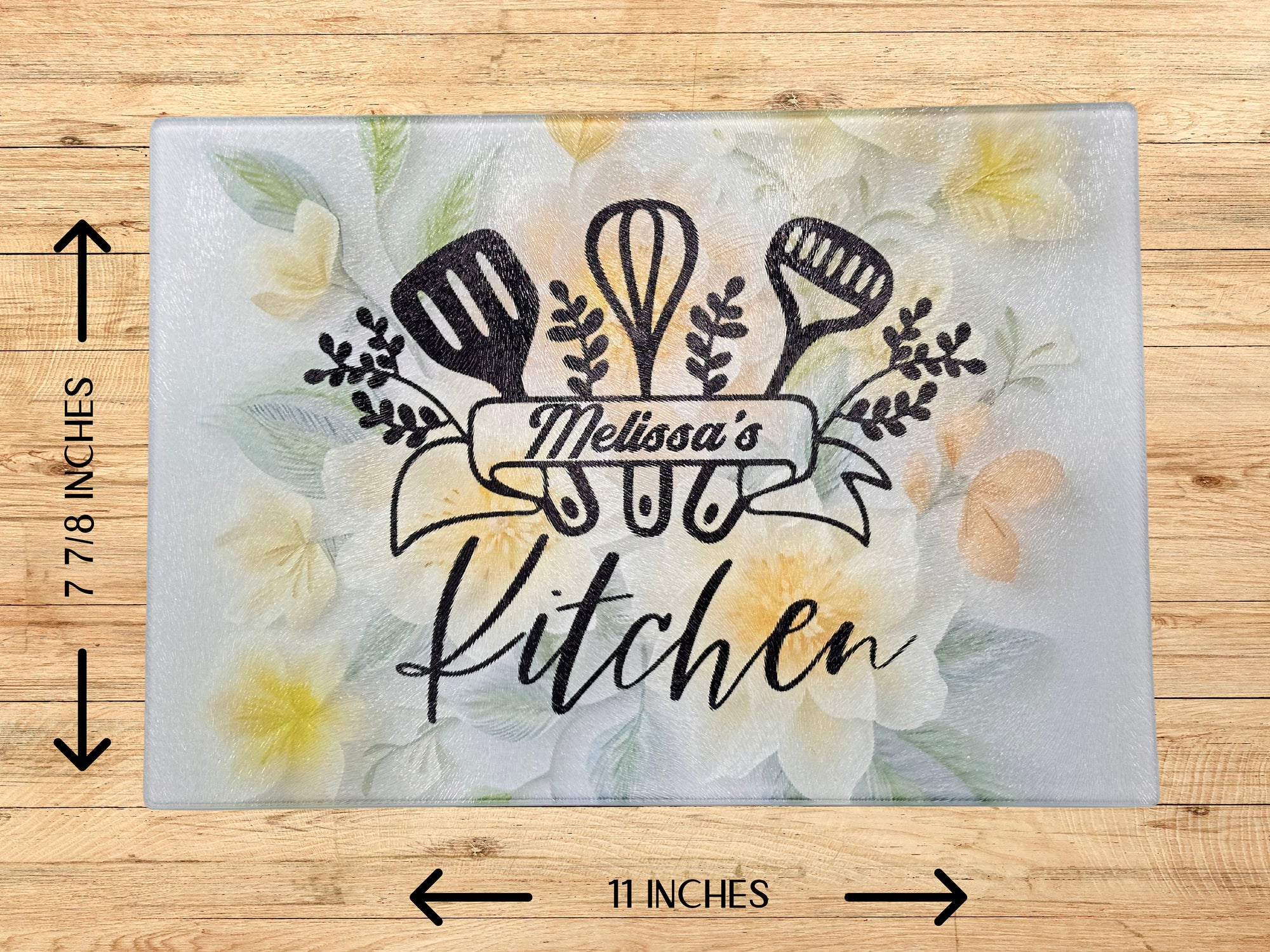 Personalized 8" x 11" Textured & Tempered Glass Cutting Board/Flowers and Utensils Design/Space Saving Kitchen Accessory/#500
