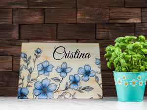 Personalized 8" x 11" Textured & Tempered Glass Cutting Board/Wood and Blue Flowers Design/Space Saving Kitchen Accessory/#500