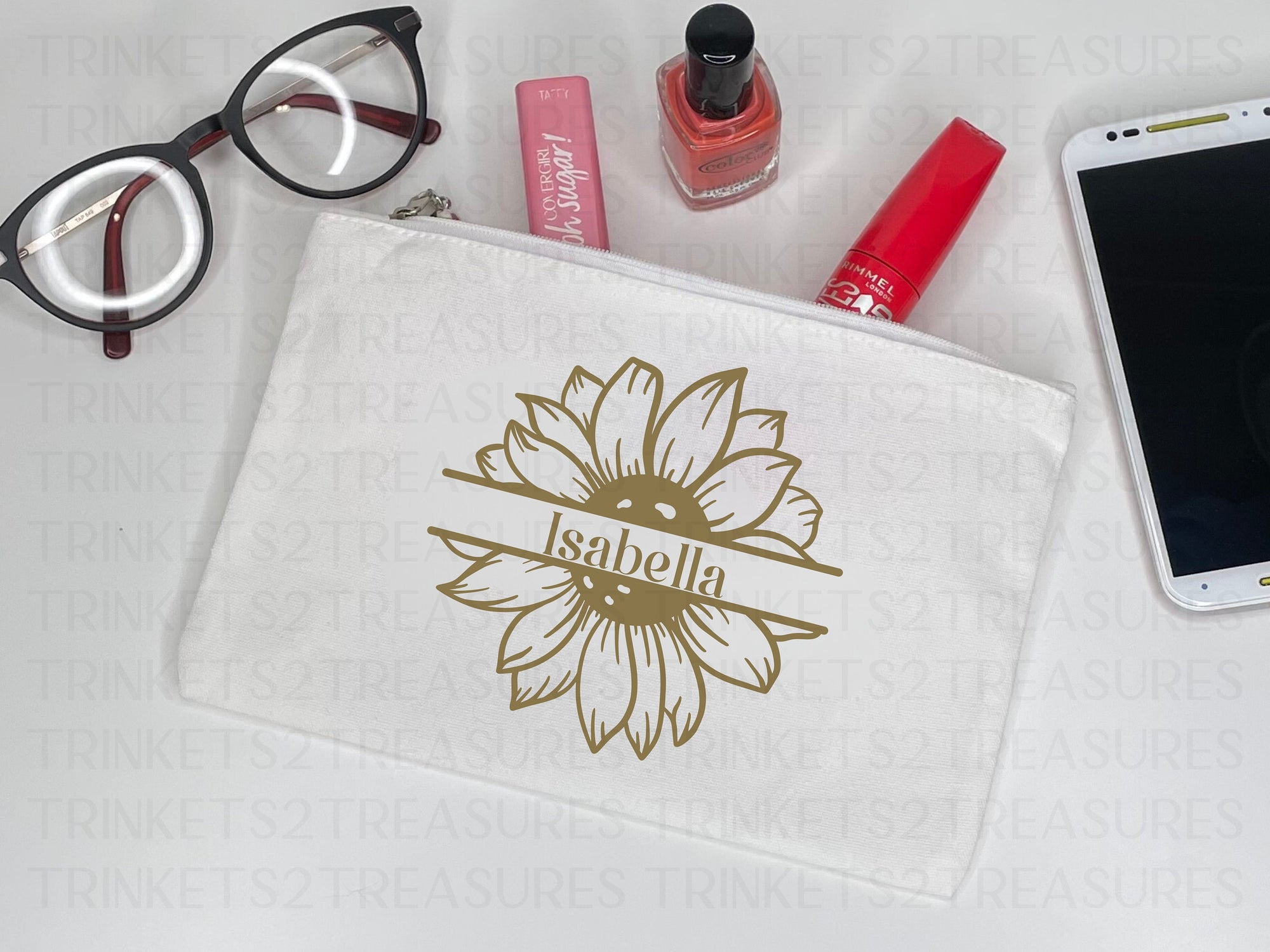 Personalized Canvas Tote Bag with Matching Canvas Make-up Bag/Monogram/Sunflower/#715