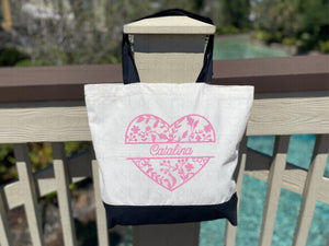 Personalized Canvas Tote Bag with Matching Canvas Make-up Bag/Monogram/Heart & Flowers/#718