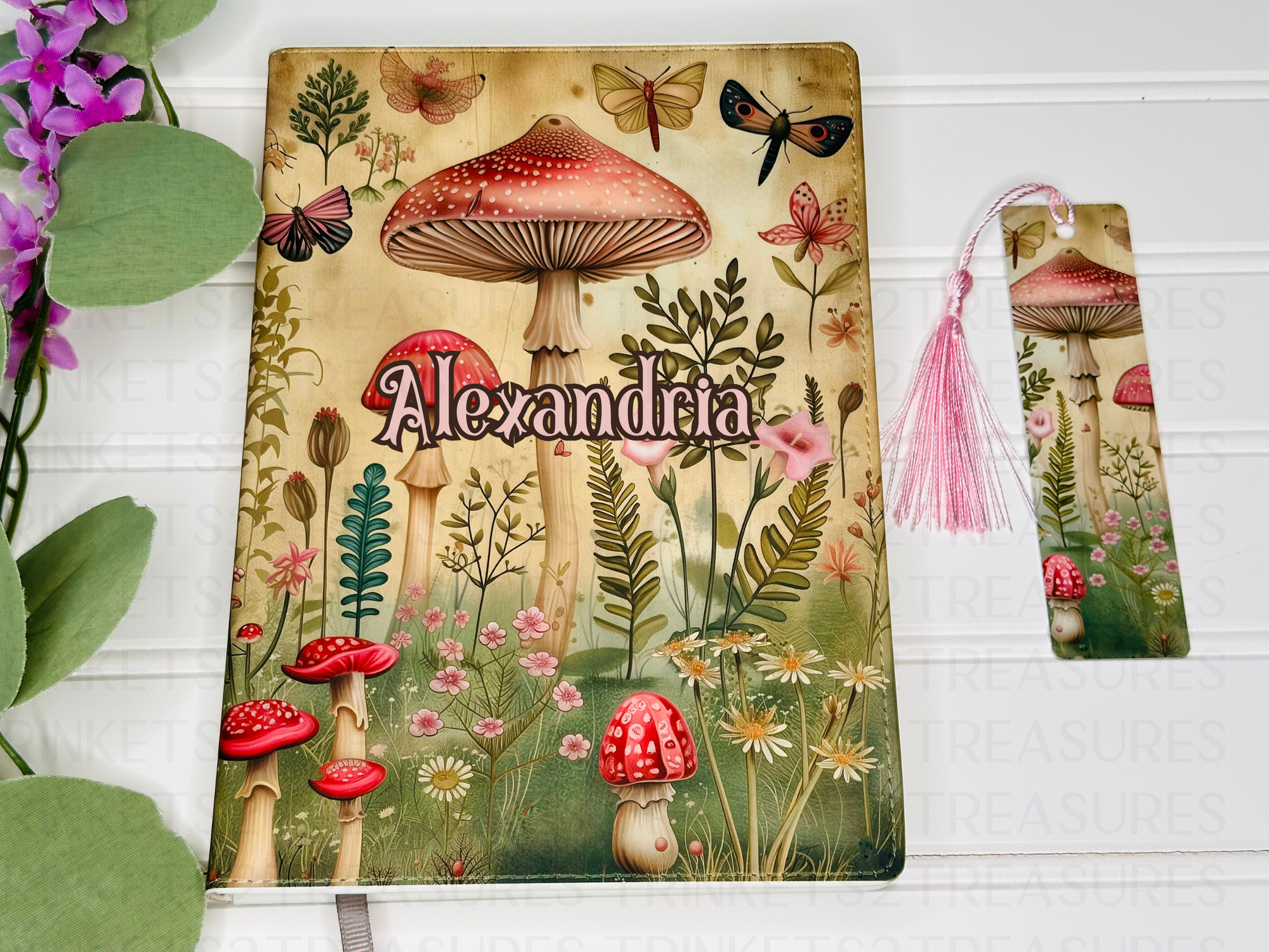 Personalized Journal and Matching Bookmark Vintage Mushrooms & Butterflies Keepsake Journal #803