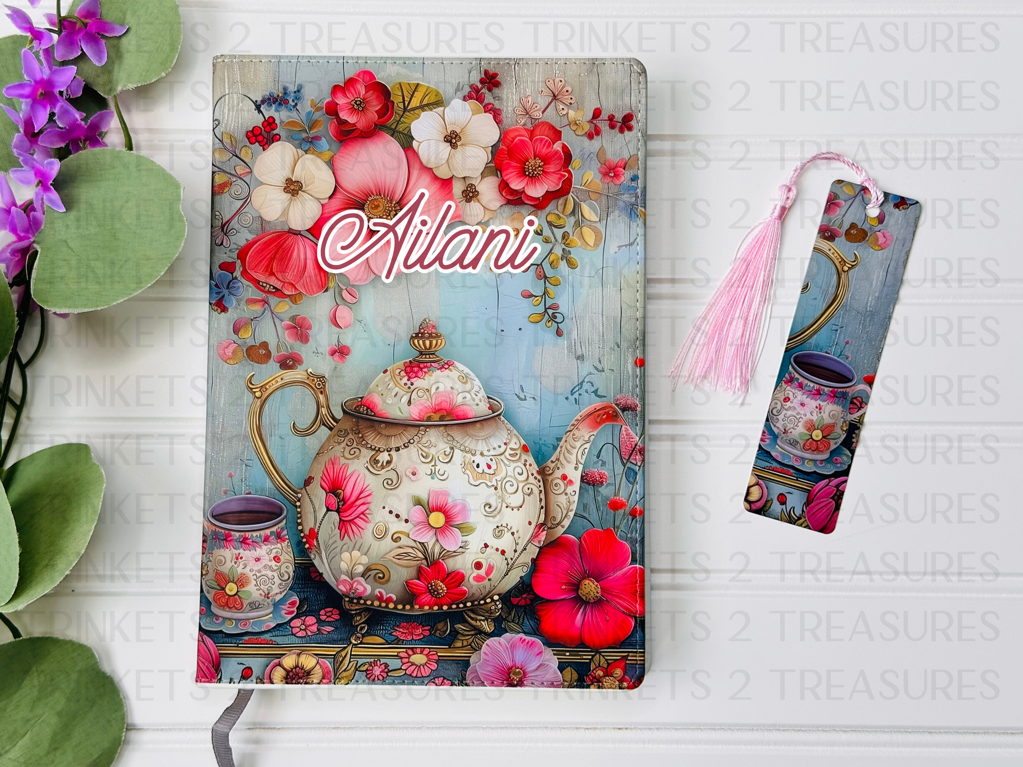 Personalized Journal and Matching Bookmark Dainty Tea Pot Keepsake Journal #808