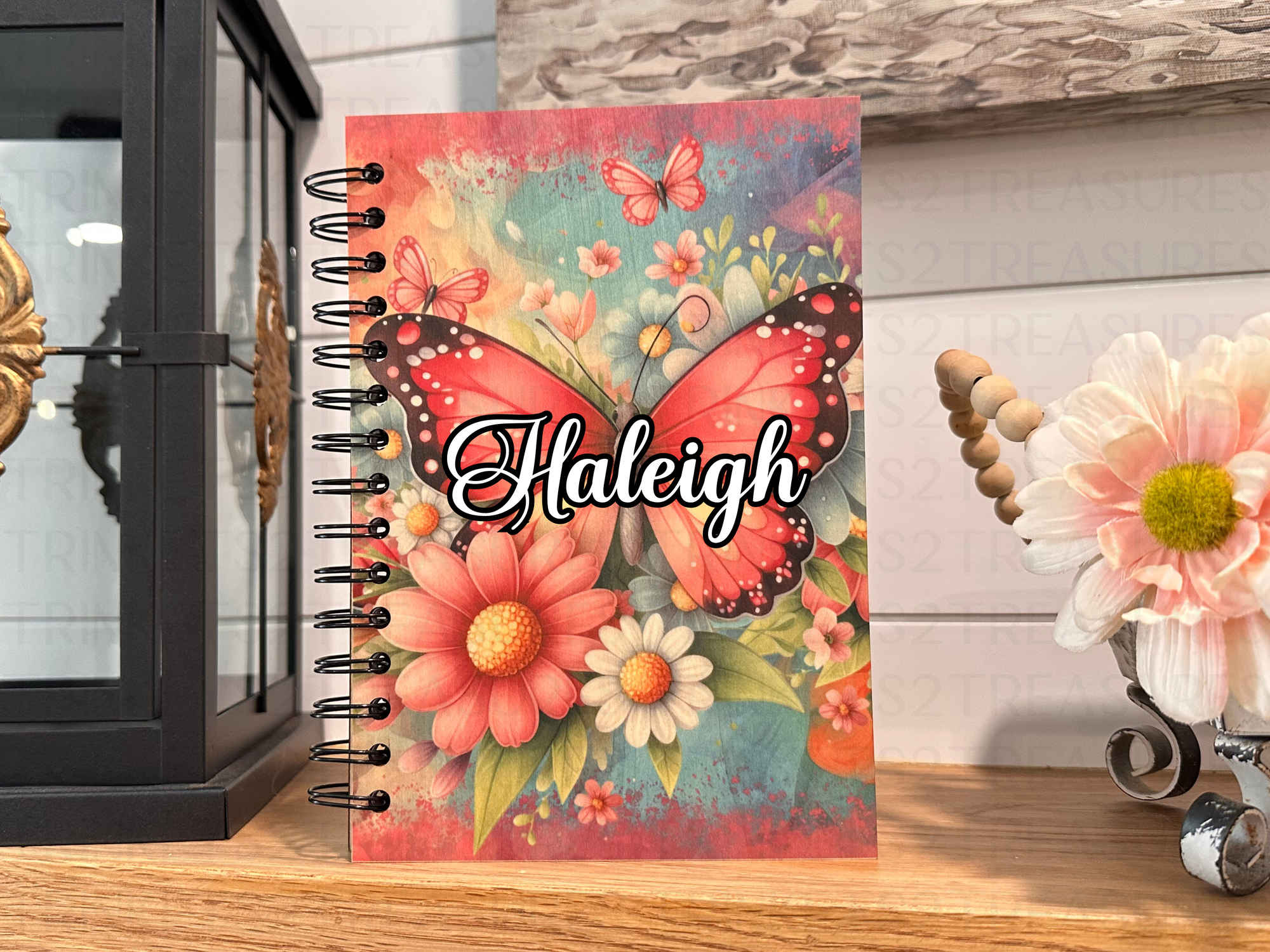 Personalized Pink Butterflies Wood Notebook #1018