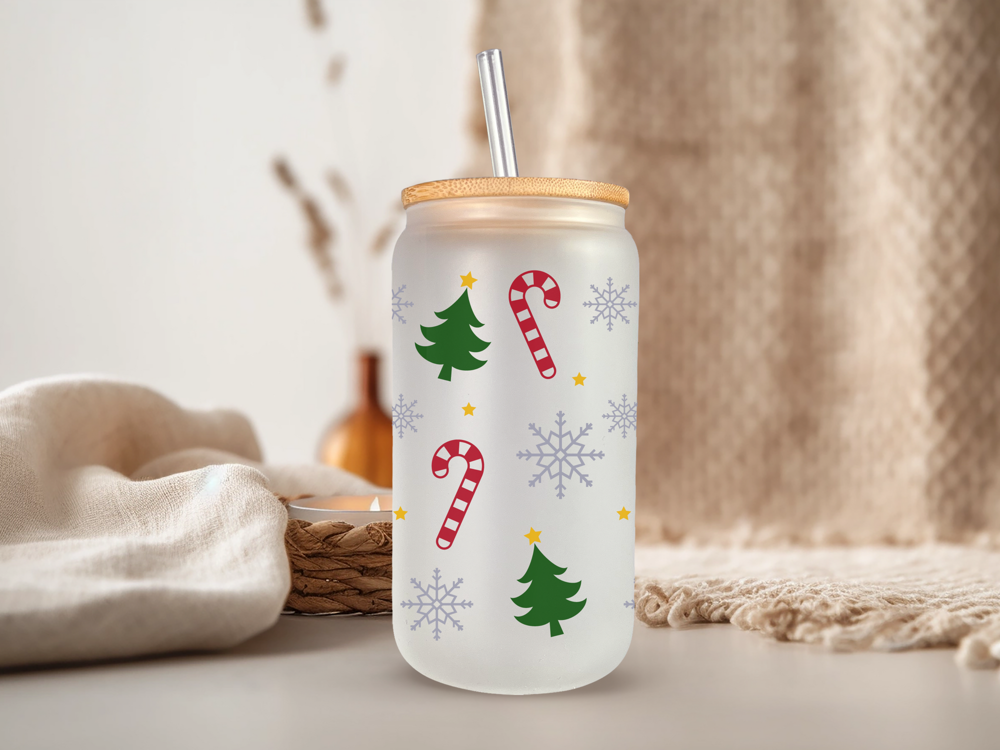 18oz Personalized  Frosted Glass Tumbler with Candy Canes & Christmas #235