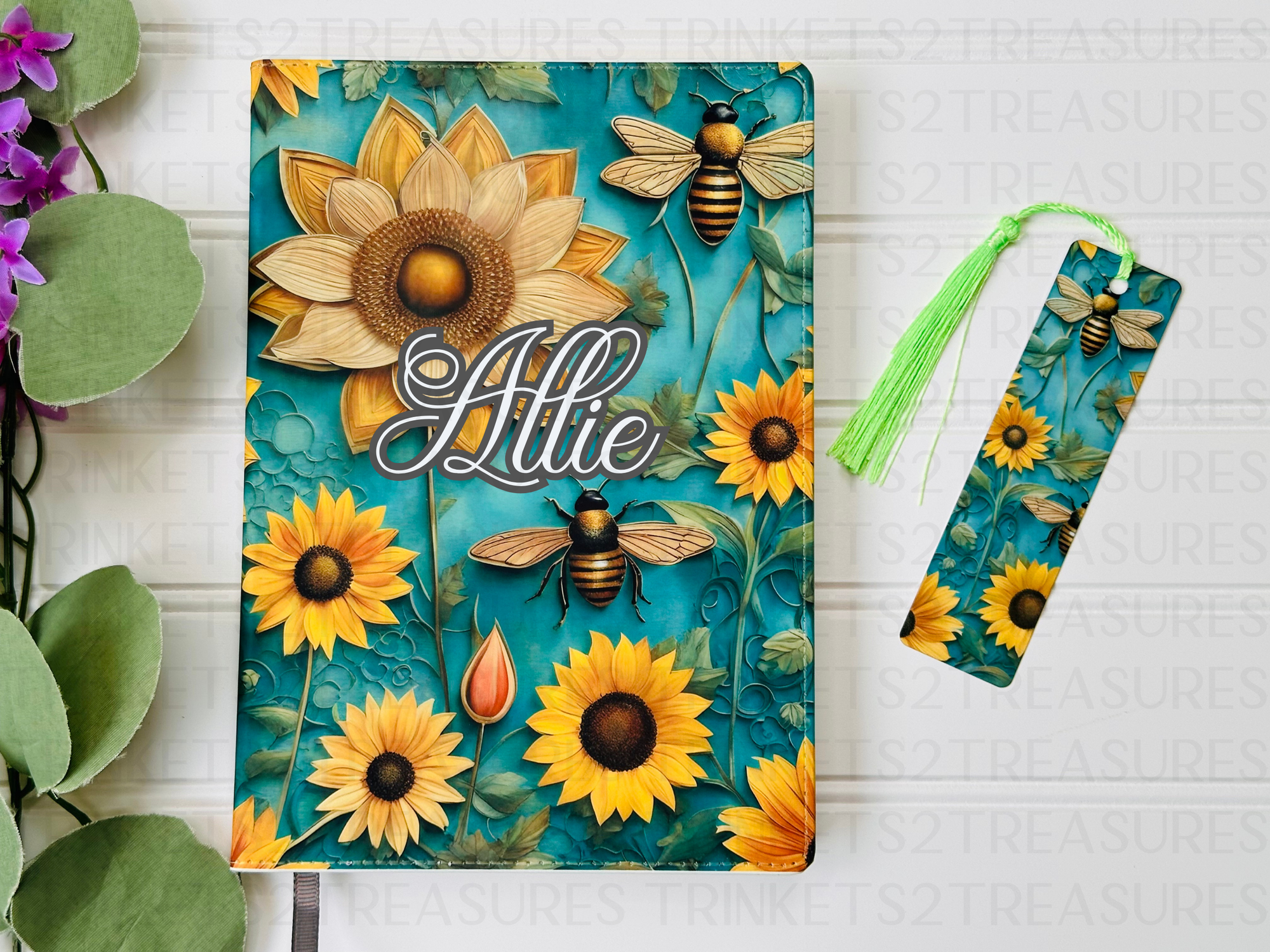 Personalized Journal and Matching Bookmark Bees & Sunflowers Keepsake Journal #805