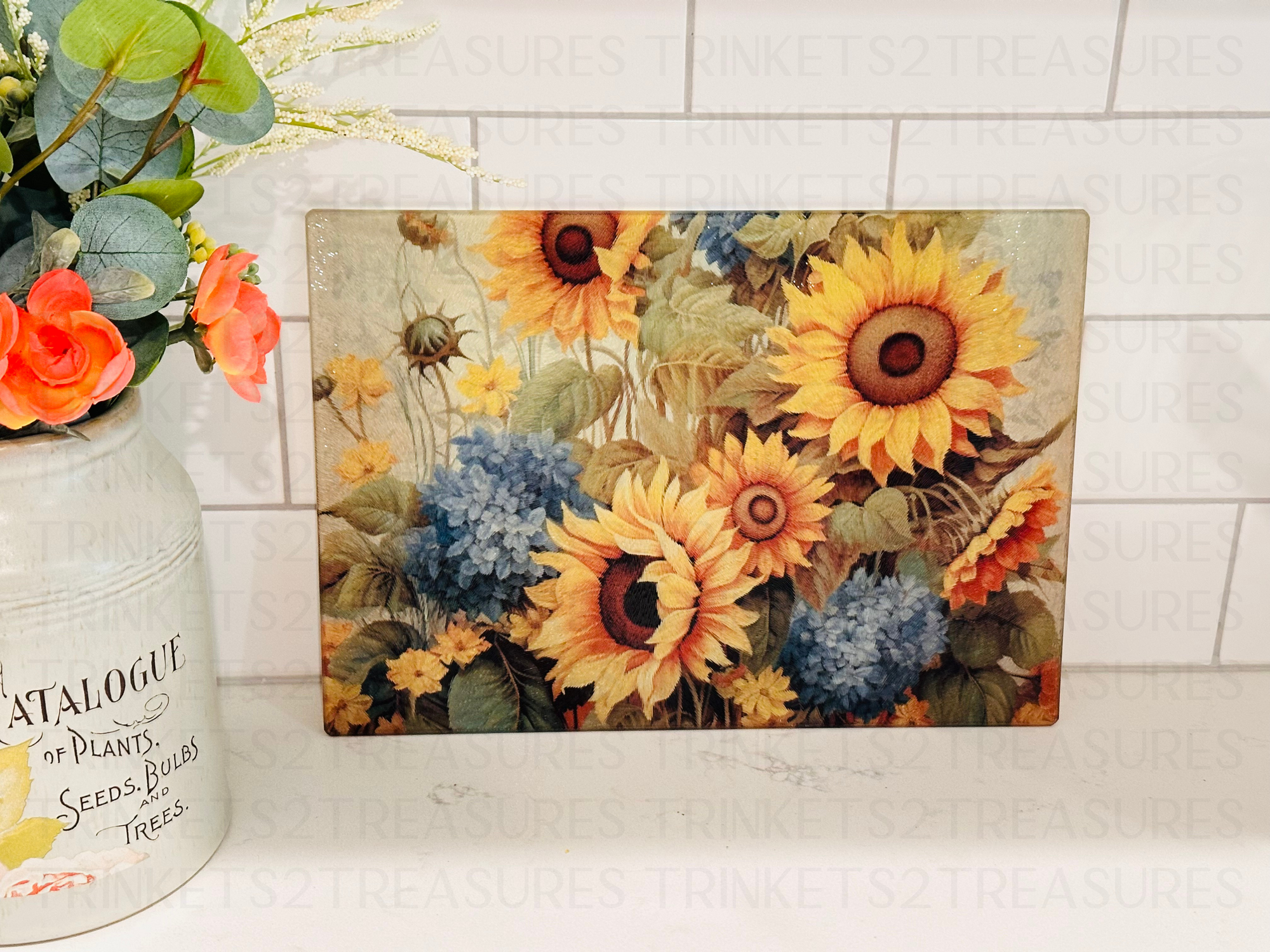 Personalized 8" x 11" Textured & Tempered Glass Cutting Board/Sunflower Field/#610