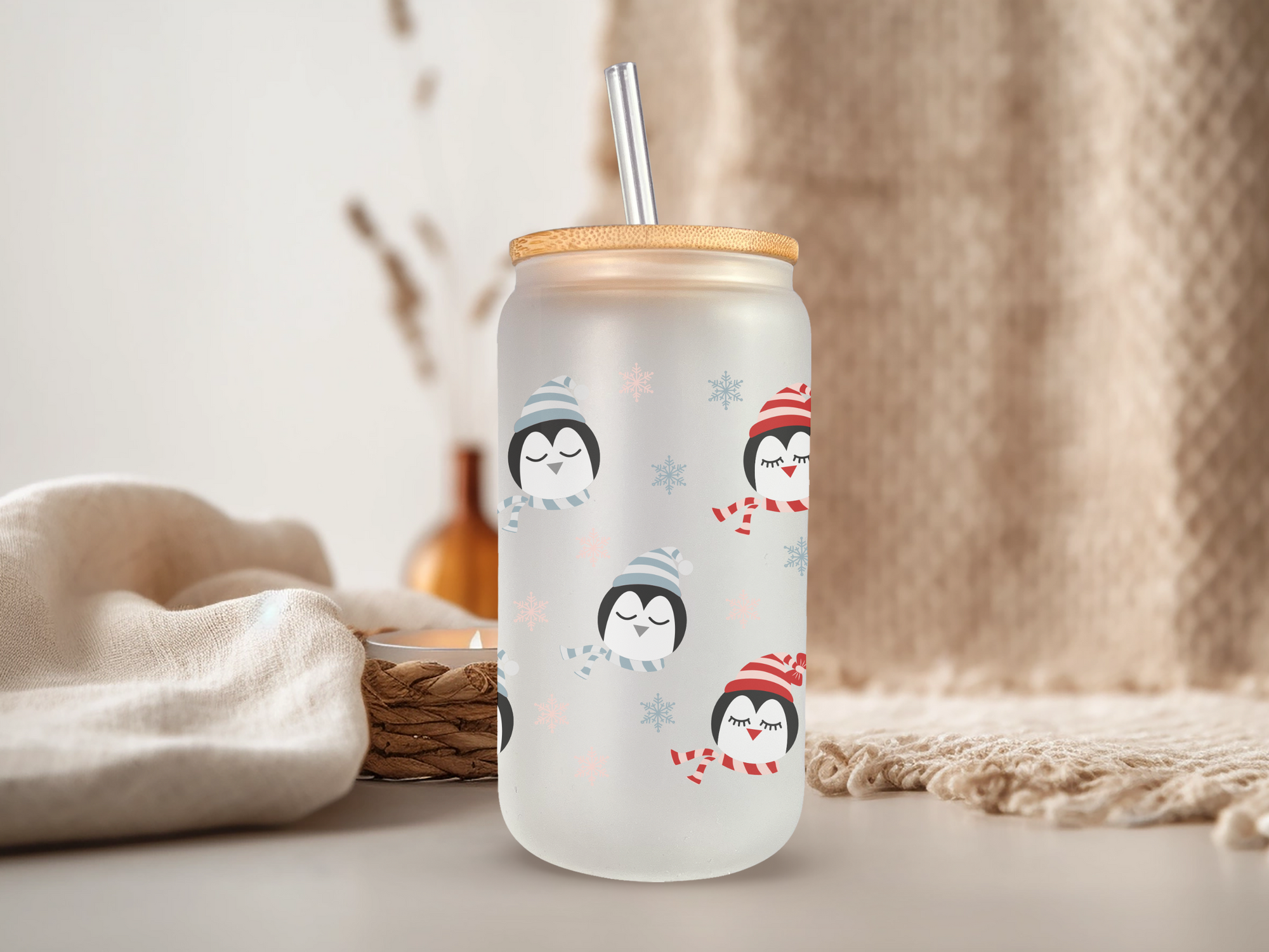 18oz Personalized  Frosted Glass Tumbler with Winter Penguins #232