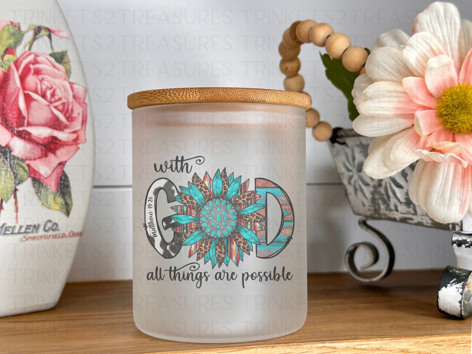 10 oz Frosted Candle Jars with Bamboo Lid/Multi-Purpose Jar/With God All Things are Possible/#502