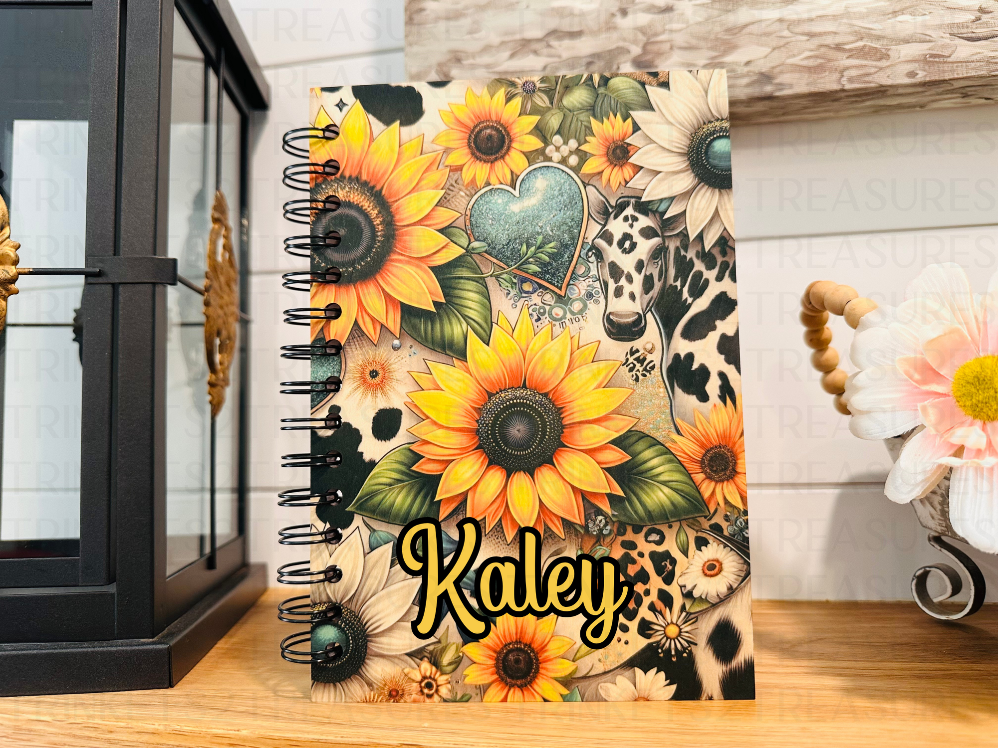 Personalized Sunflowers & Cows Wood Cover Notebook #1003