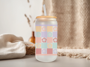 18oz Personalized  Frosted Glass Tumbler with Smiley Flowers #228