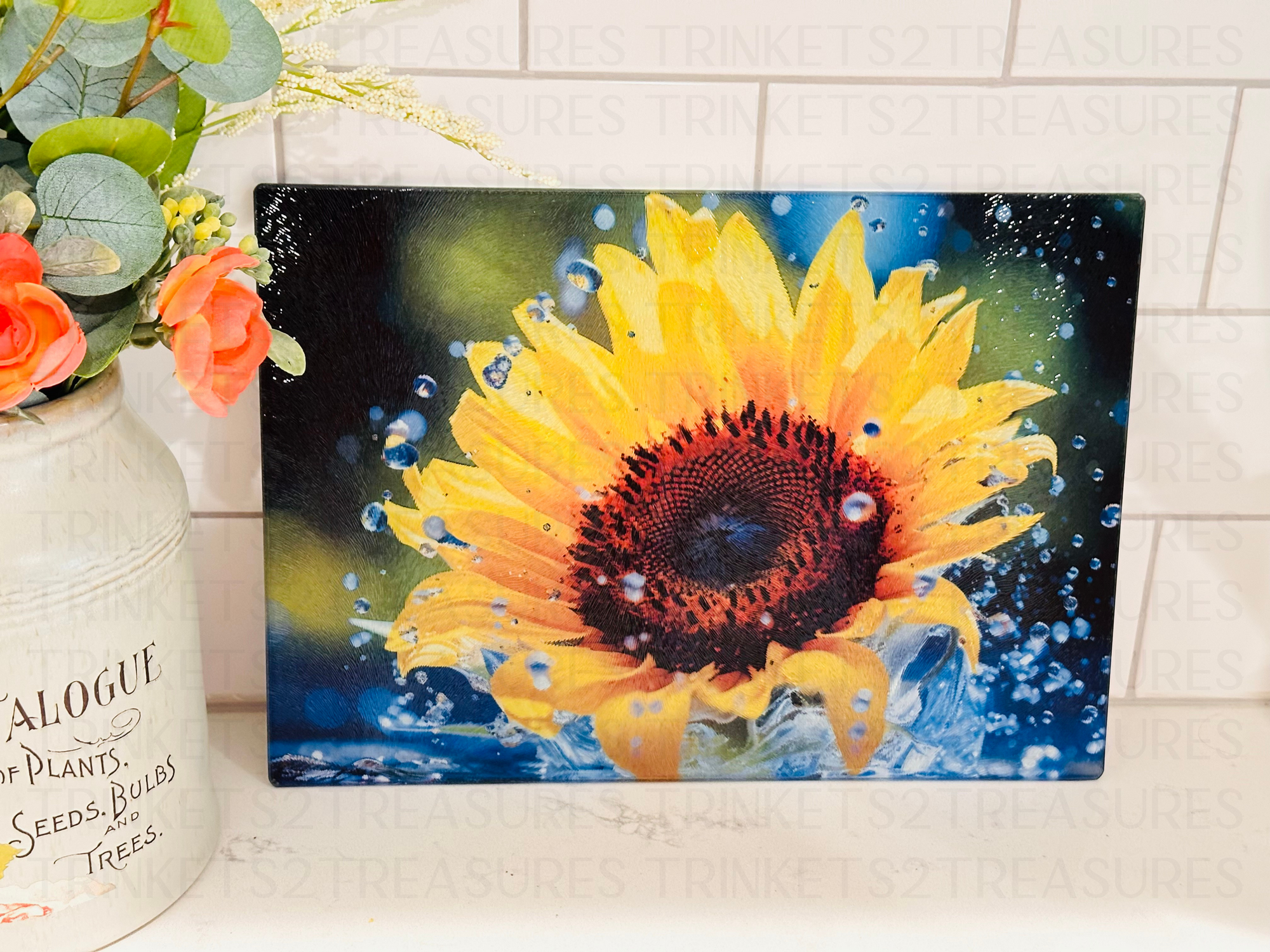 Personalized 8" x 11" Textured & Tempered Glass Cutting Board/Sunflower/Space Saving Kitchen Accessory/#604