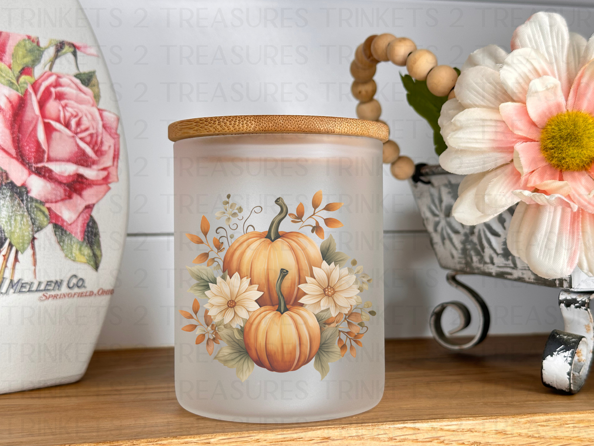 10 oz Frosted Candle Jars with Bamboo Lid/Multi-Purpose Jar/Harvest Pumpkins/#532