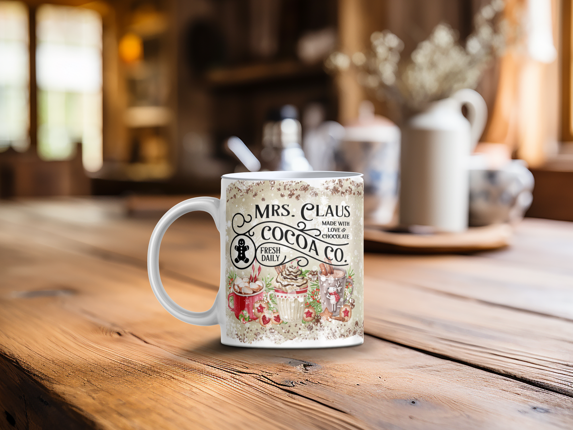 Personalized Ceramic Mug and Matching Coaster Set/11 oz or 15 oz Coffee Mug/Mrs. Claus Cocoa Company #146