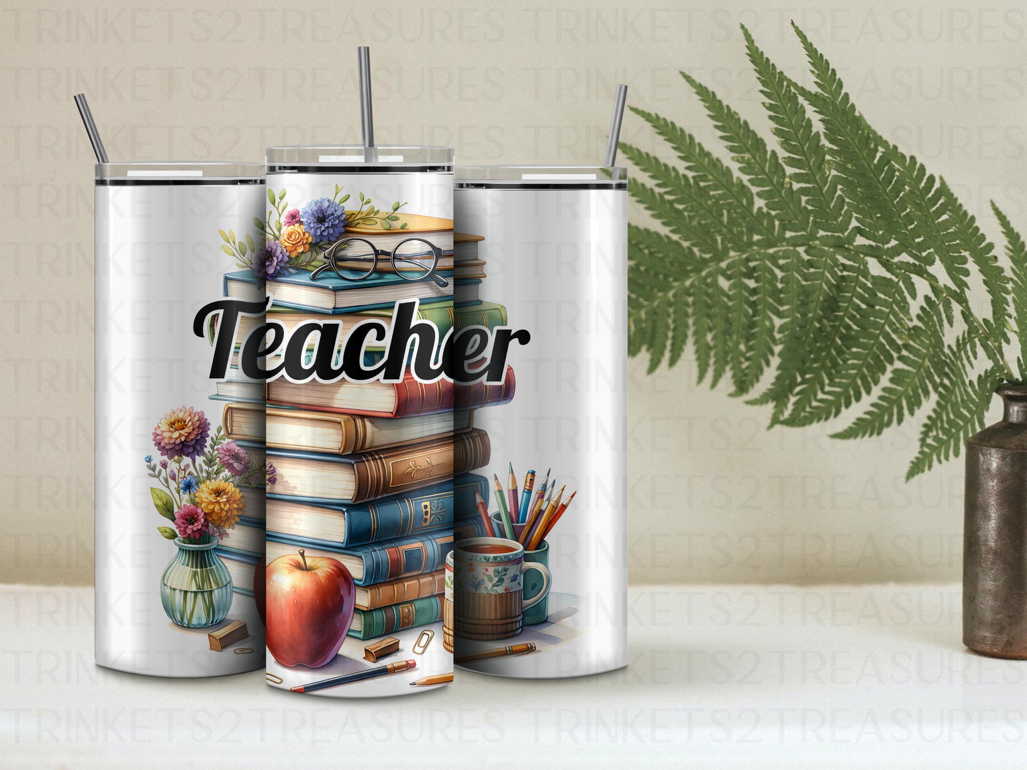 Personalized 20 oz Stainless Steel Tumbler with Metal Straw and Teacher Books Design #328