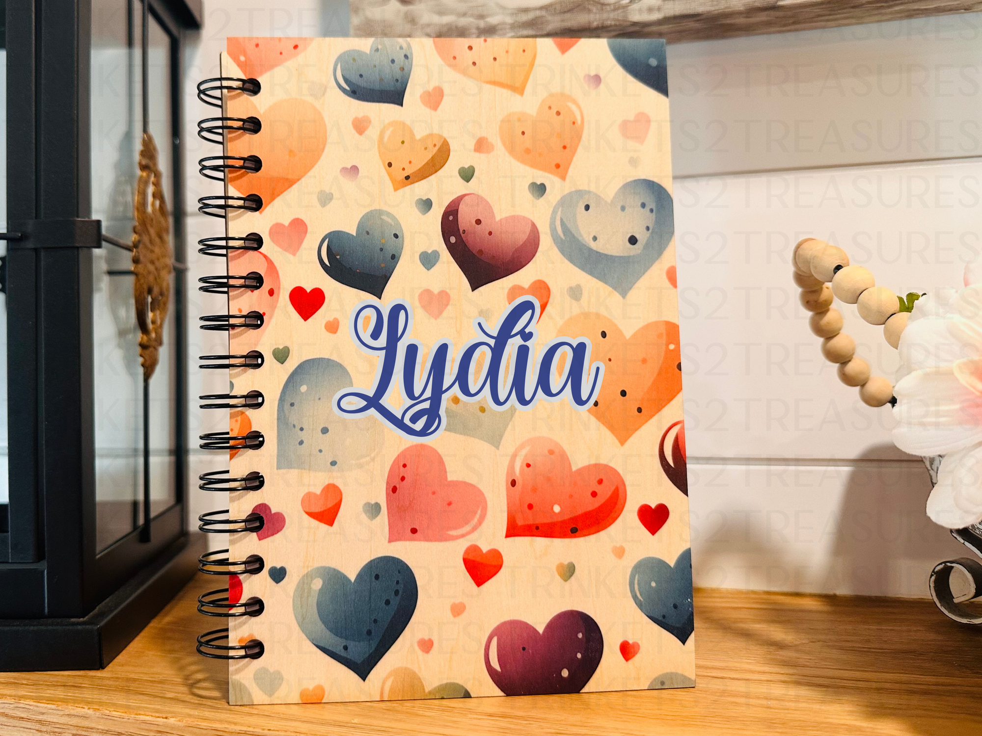 Personalized Floating Hearts Wood Cover Notebook #1011