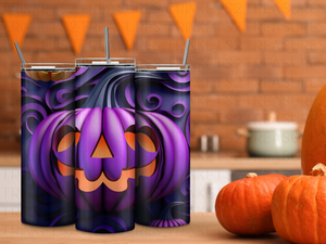 Personalized 20 oz Stainless Steel Tumbler with Metal Straw and Pumpkin Purple Delight Design #332