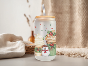 18oz Personalized  Frosted Glass Tumbler with Snowman Mocha #230