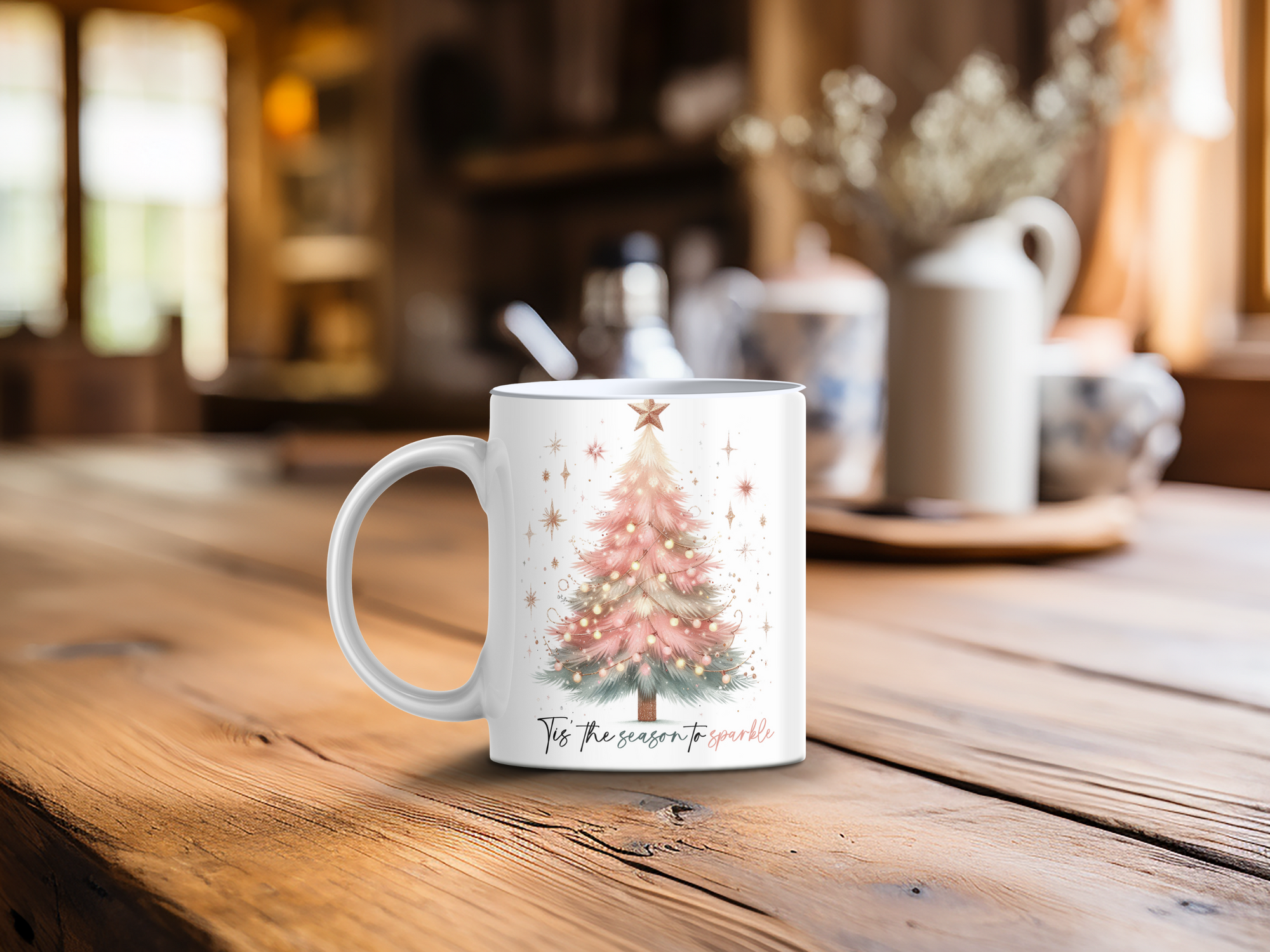 Personalized Ceramic Mug and Matching Coaster Set/11 oz or 15 oz Coffee Mug/Pink Christmas Tree #144