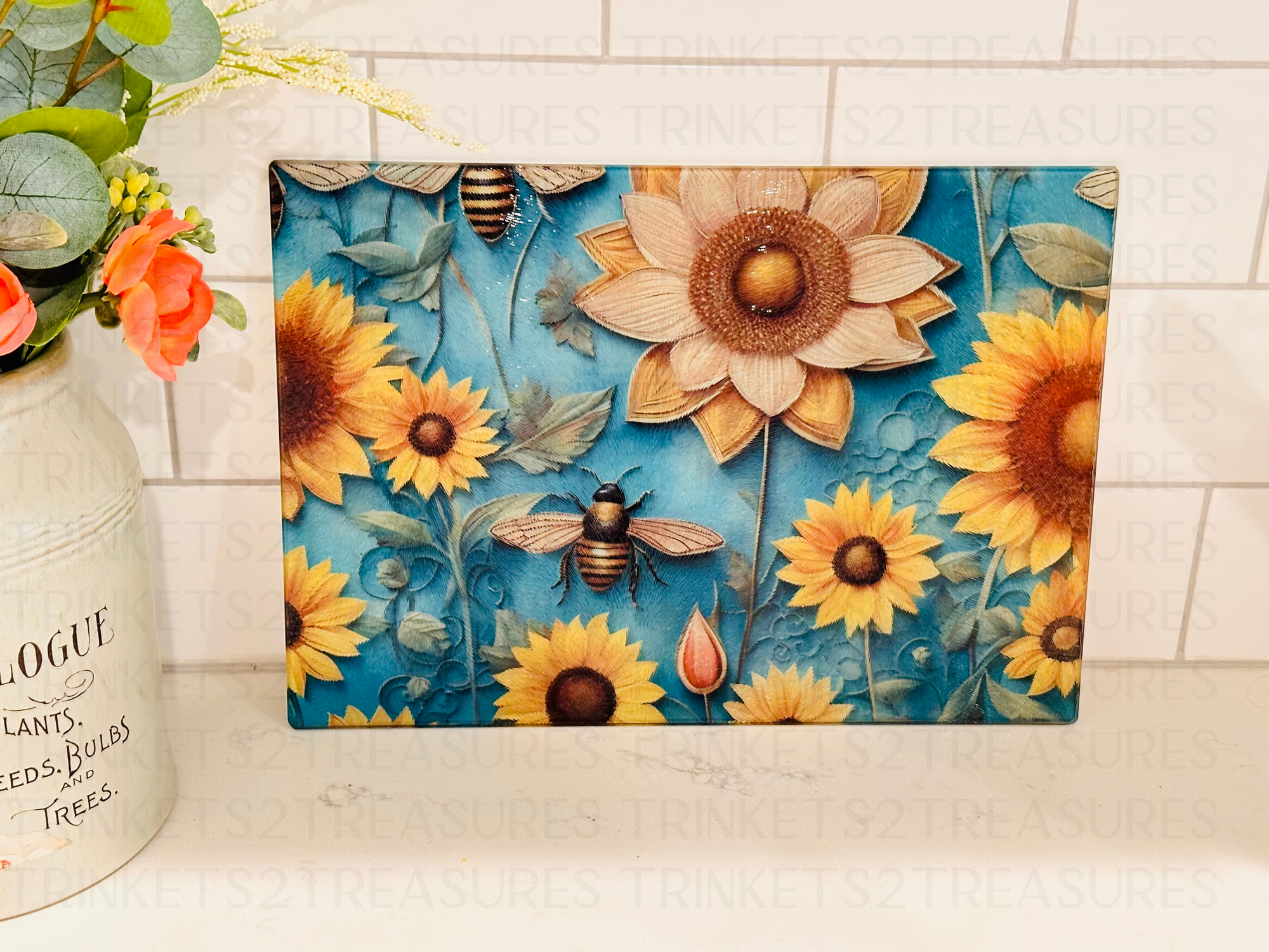 Personalized 8" x 11" Textured & Tempered Glass Cutting Board/Bees & Wildflowers/#617