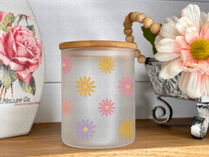 10 oz Frosted Candle Jars with Bamboo Lid/Multi-Purpose Jar/Daisies/#525