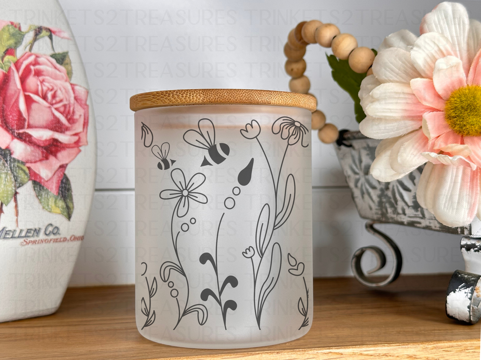 10 oz Frosted Candle Jars with Bamboo Lid/Multi-Purpose Jar/Black Bees & Flowers/#516