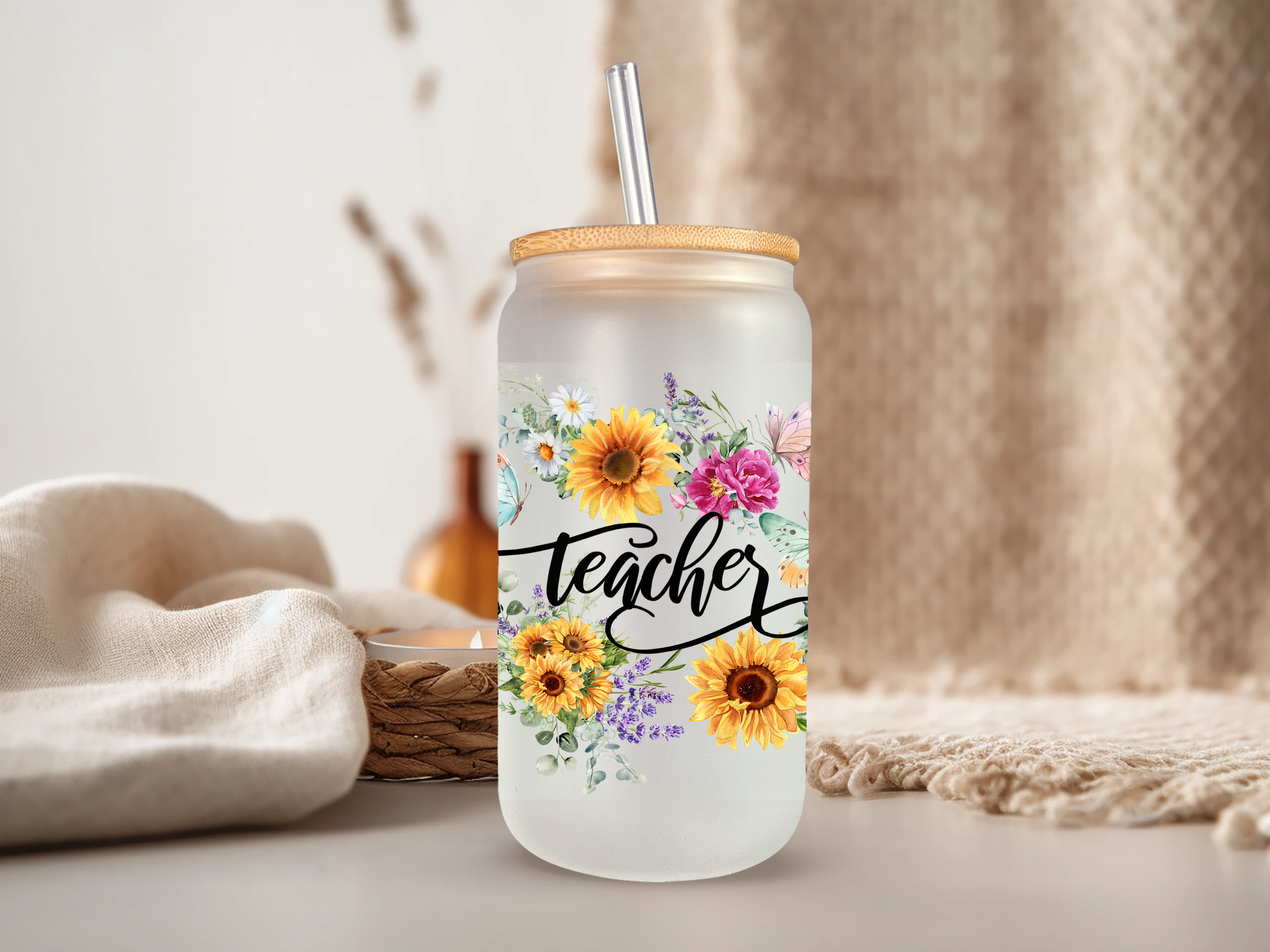 18oz Personalized  Frosted Glass Tumbler with Teacher Appreciation #223