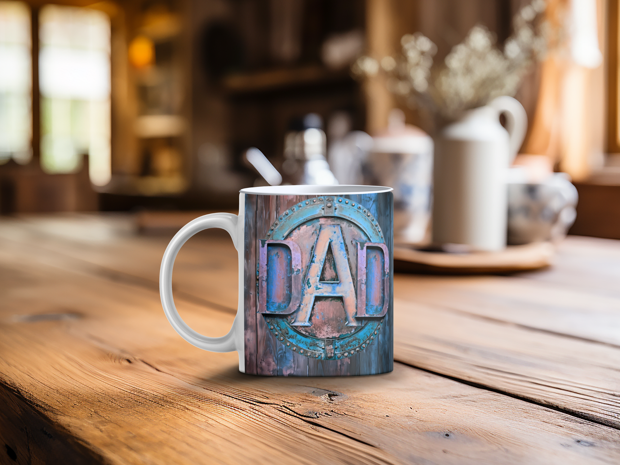 Personalized Ceramic Mug and Matching Coaster Set/11 oz or 15 oz Coffee Mug/Dad Blue Wood #129