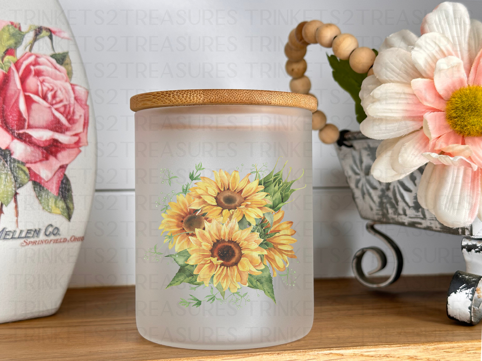 10 oz Frosted Candle Jars with Bamboo Lid/Multi-Purpose Jar/Sunflowers/#509