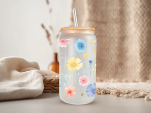 18oz PersonalizedFrosted Glass Tumbler with Bamboo Lid & Glass Straw/Watercolor Flowers #218