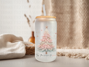 18oz Personalized  Frosted Glass Tumbler with Pink Christmas Tree #236