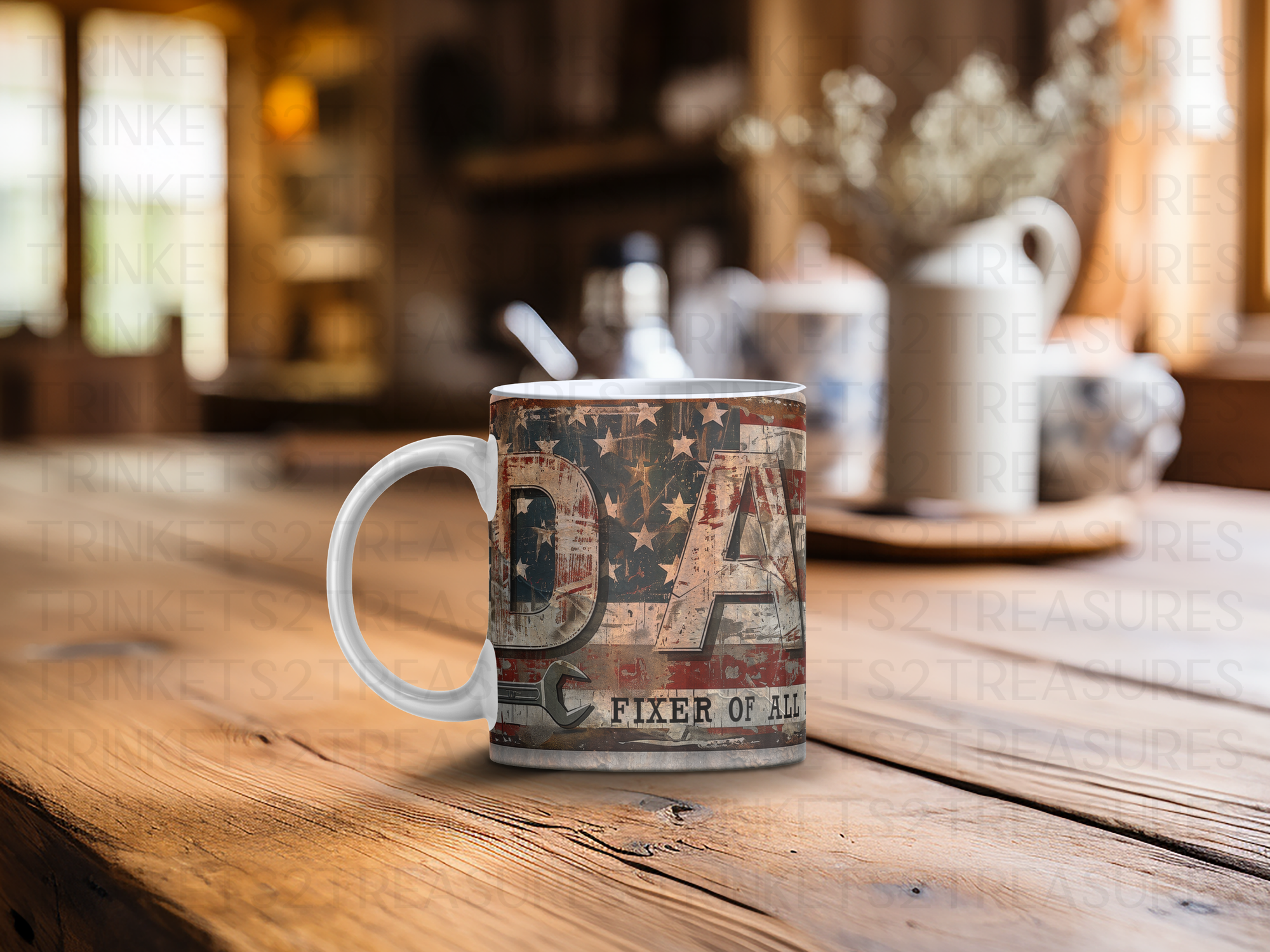 Personalized Ceramic Mug and Matching Coaster Set/11 oz or 15 oz Coffee Mug/Dad Fixer American Flag #128