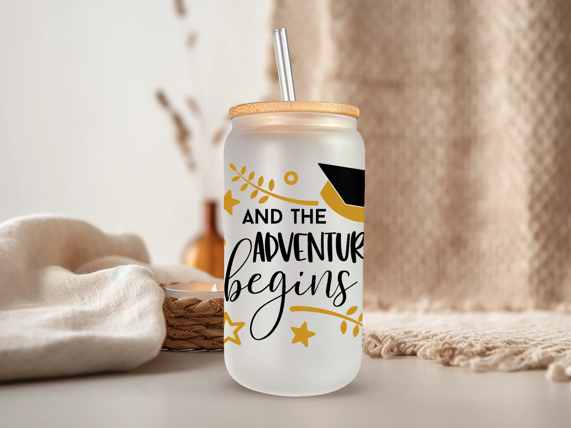 18oz Personalized  Frosted Glass Tumbler with And The Adventure Begins #226