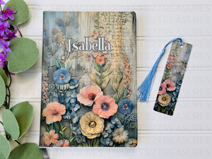 Personalized Journal and Matching Bookmark Pink & Blue Wood Paper Flowers Keepsake Journal #816