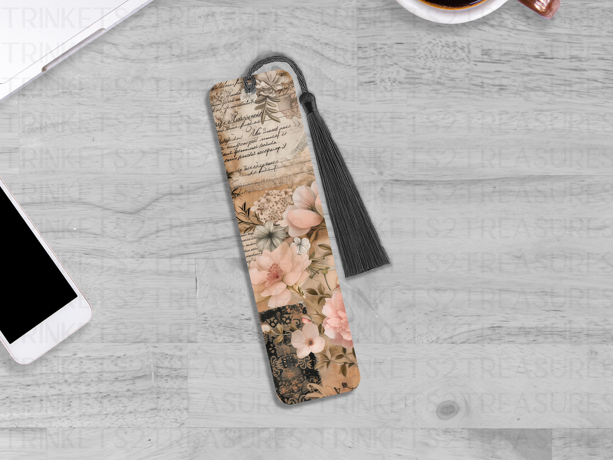 Bookmark and Tassel with Double Sided Sublimation Victorian Script & Flowers #903