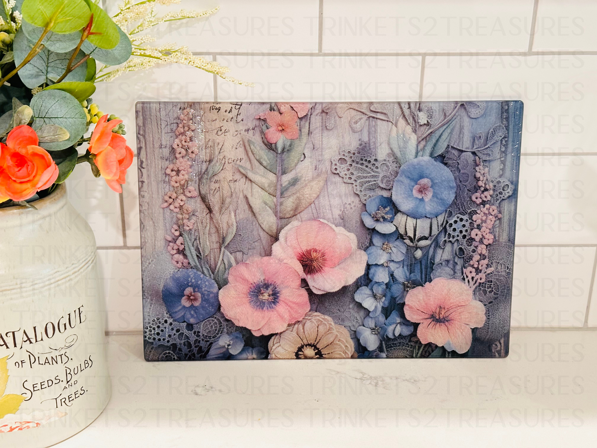 Personalized 8" x 11" Textured & Tempered Glass Cutting Board/Blue & Pink Paper Flowers/#607
