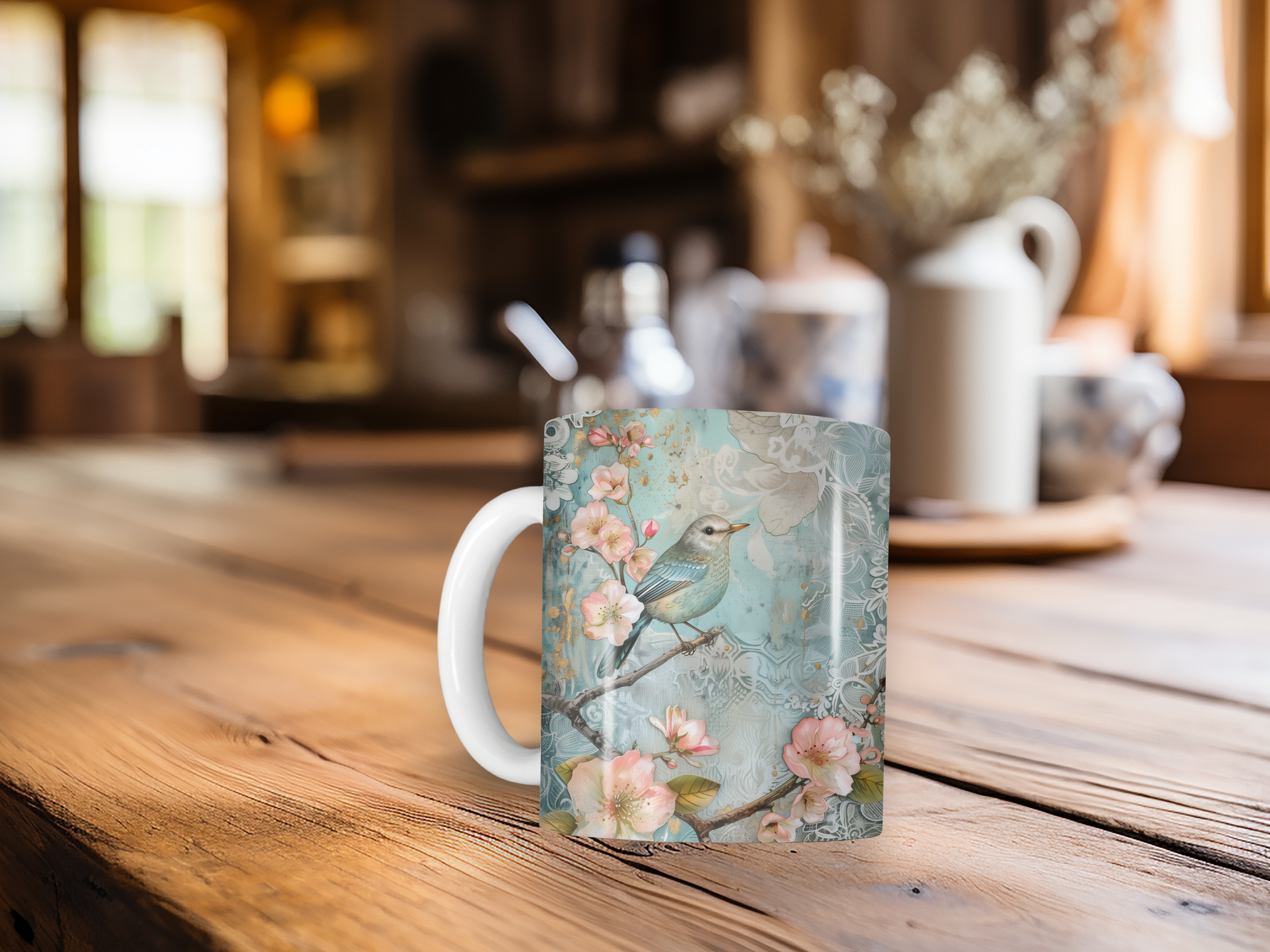 Personalized Ceramic Mug and Matching Coaster Set/11 oz or 15 oz Coffee Mug/Lacy Bird #136