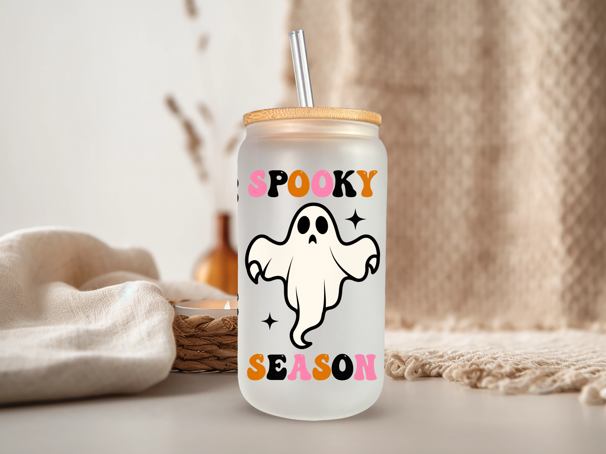 18oz Personalized  Frosted Glass Tumbler with Spooky Season #234