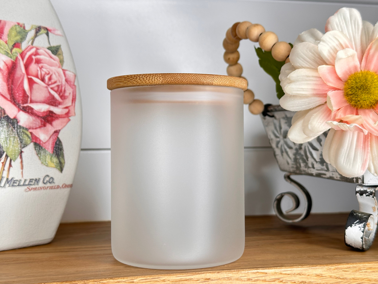 CUSTOM DESIGN 10 oz Frosted Candle Jar with Bamboo Lid