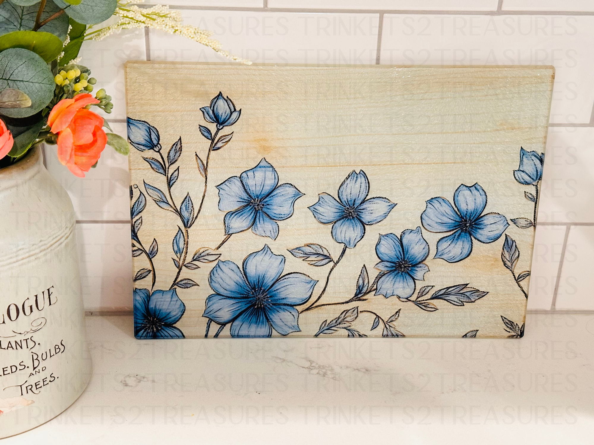 Personalized 8" x 11" Textured & Tempered Glass Cutting Board/Blue Flowers/#600