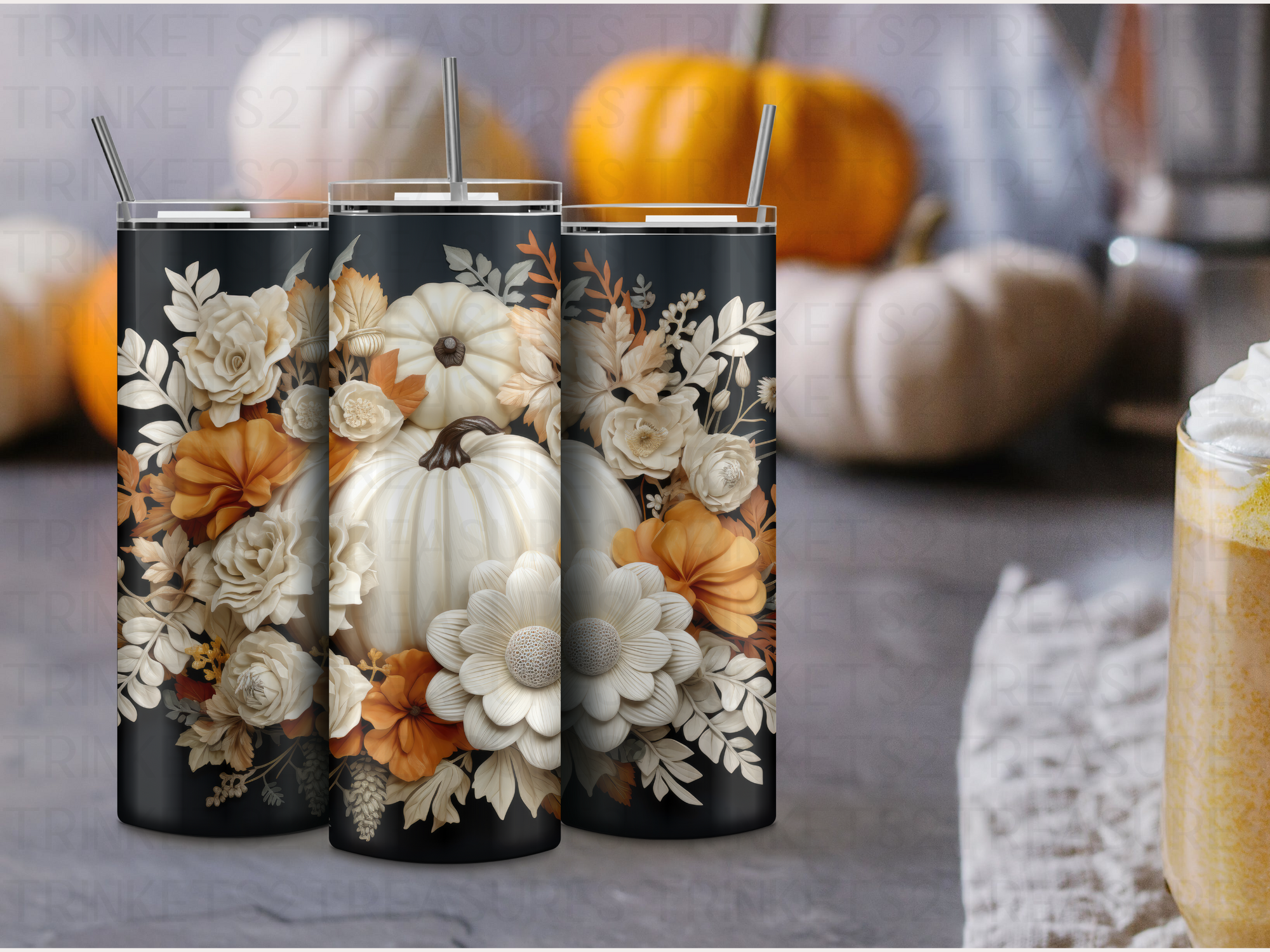 Personalized 20 oz Stainless Steel Tumbler with Metal Straw and Midnight Pumpkins Design #334