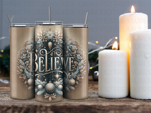 Personalized 20 oz Stainless Steel Tumbler with Metal Straw and Believe Christmas Design #321